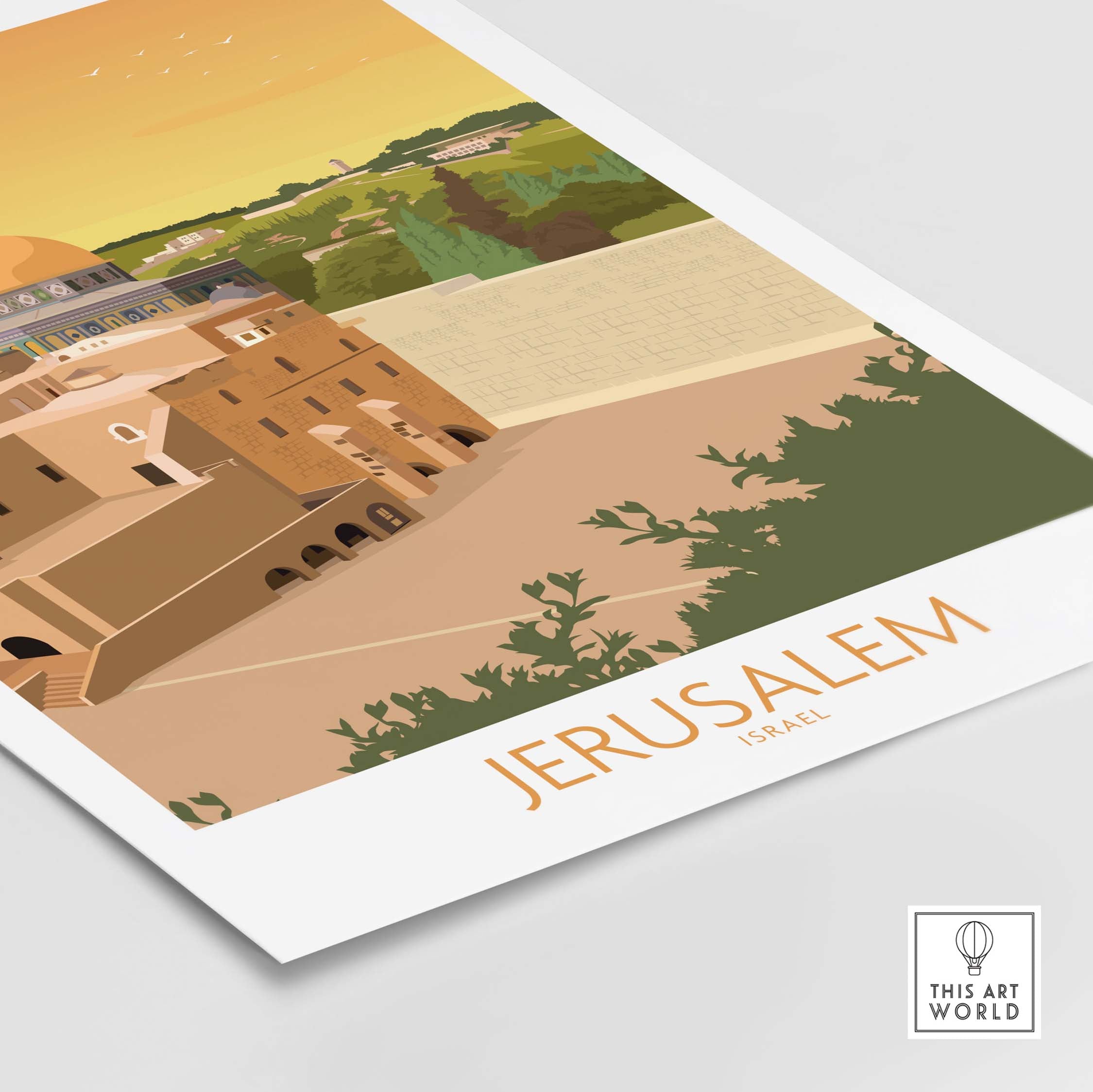 Jerusalem wall art poster featuring minimalist design with vintage travel poster style, perfect for home decor.