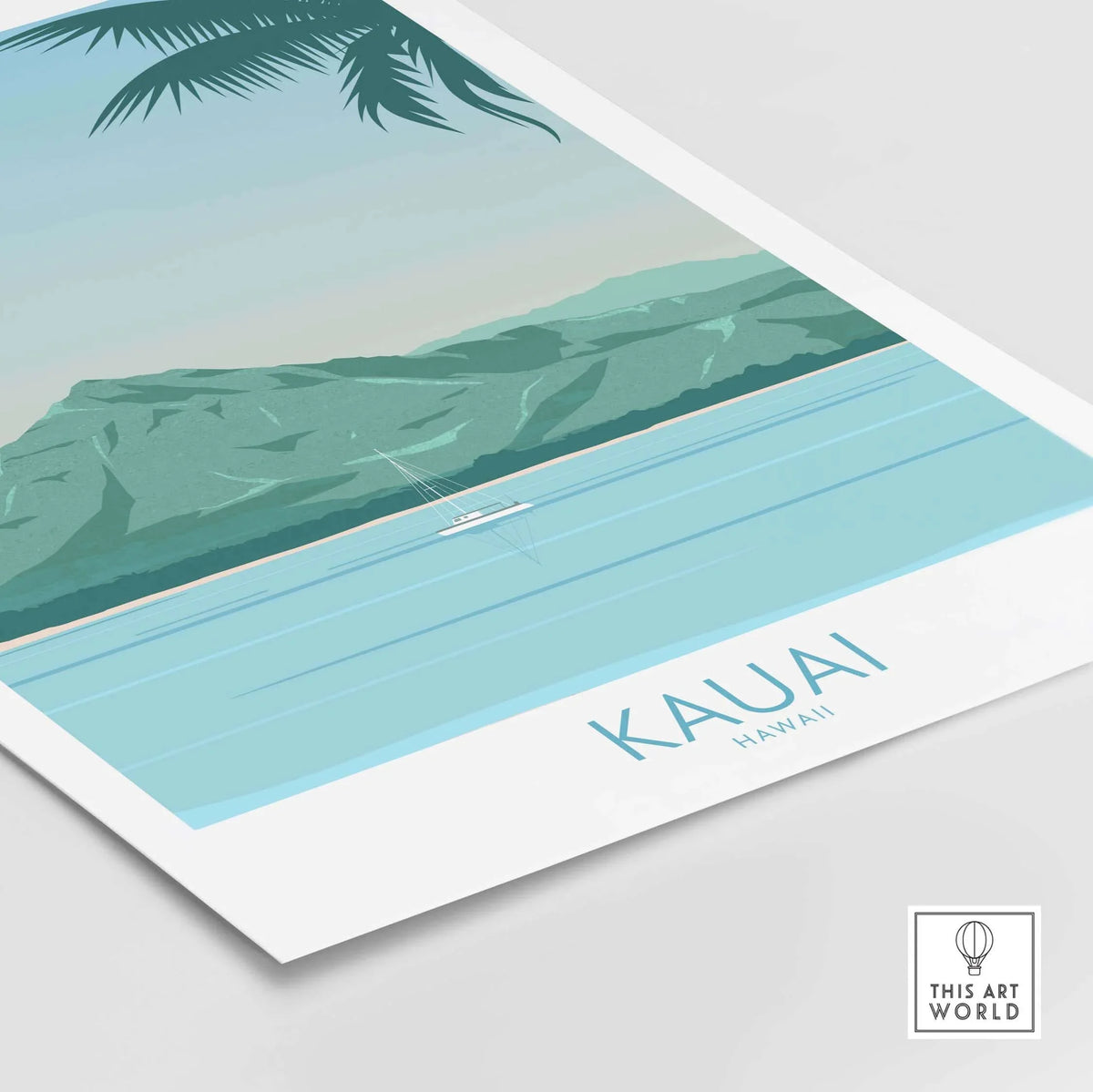 Kauai Print Hawaii Island Beach Poster featuring tropical mountains and serene ocean views.