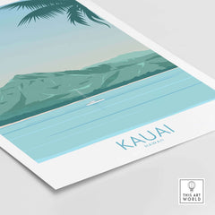 Kauai Print Hawaii Island Beach Poster featuring tropical mountains and serene ocean views.