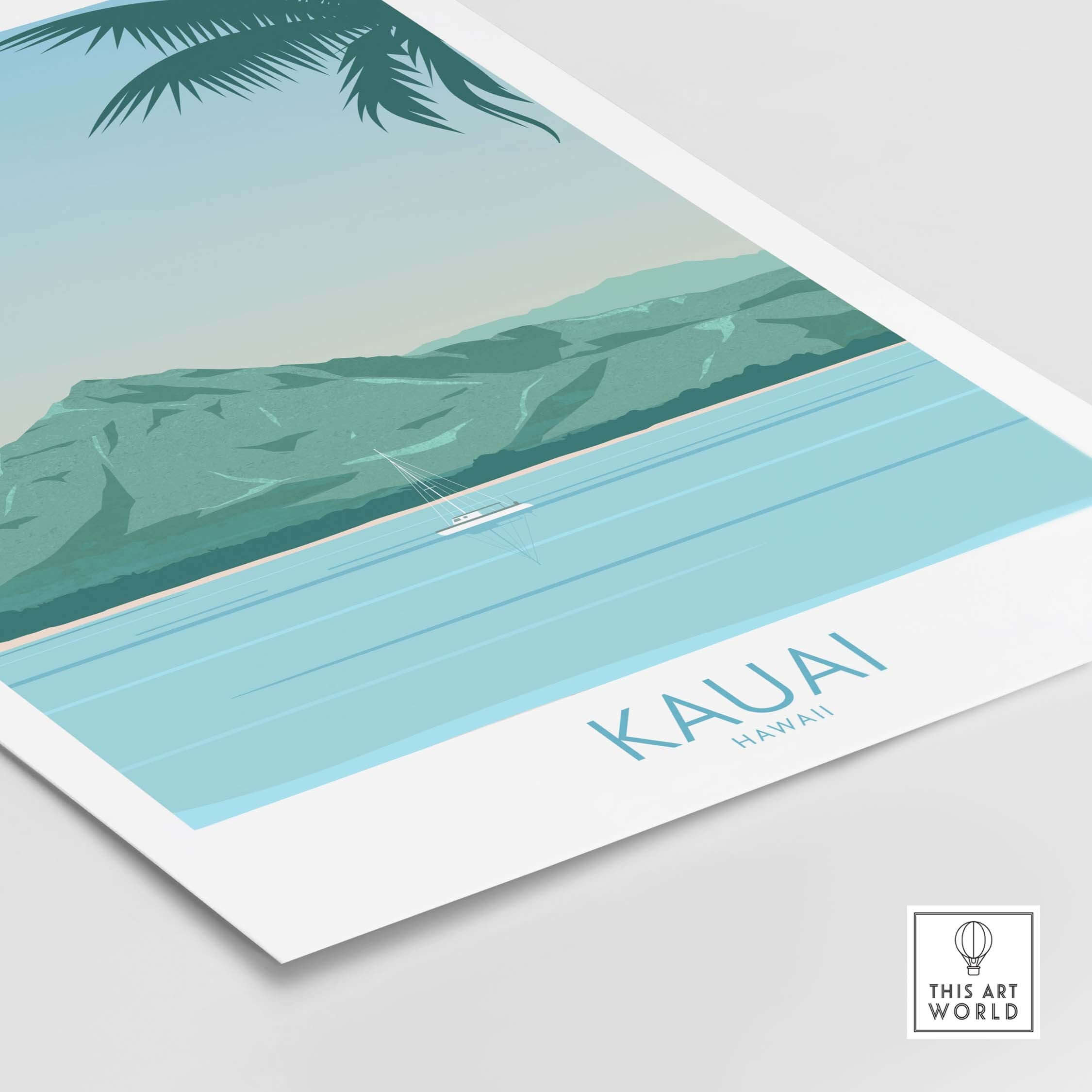 Kauai Print Hawaii Island Beach Poster featuring tropical mountains and serene ocean views.