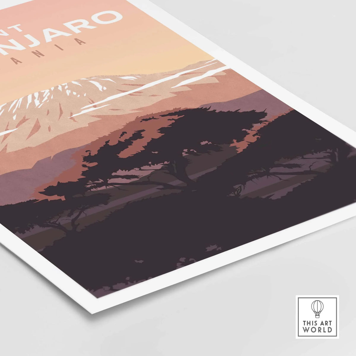 Kilimanjaro Print Wall Art Poster featuring vintage style landscape design with Mount Kilimanjaro in Tanzania.