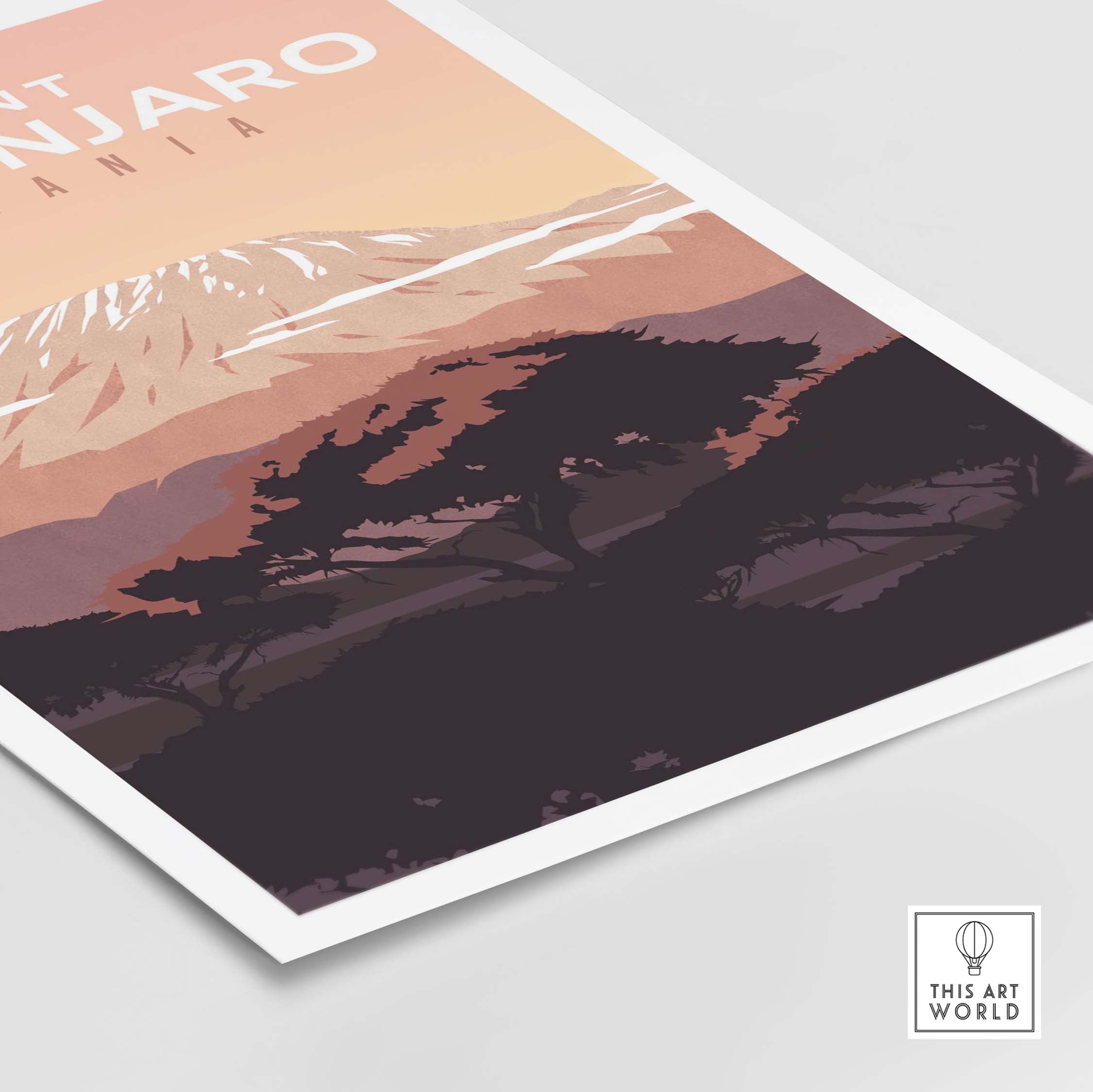 Kilimanjaro Print Wall Art Poster featuring vintage style landscape design with Mount Kilimanjaro in Tanzania.