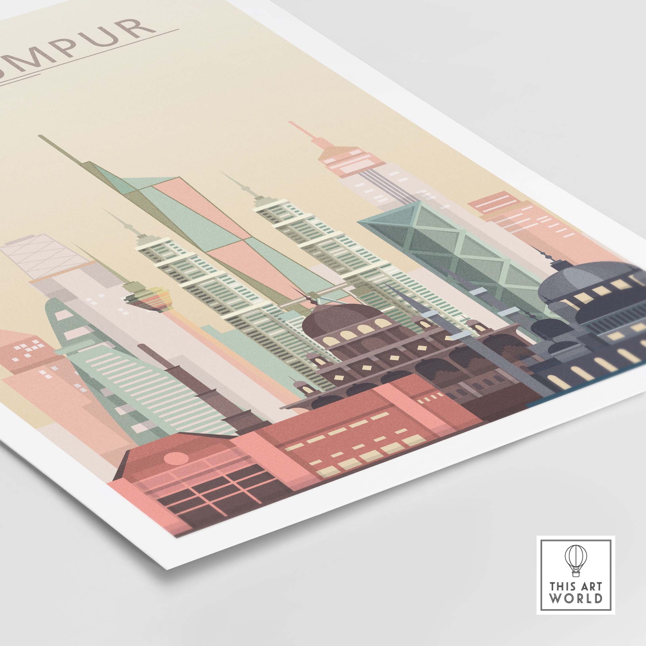Kuala Lumpur skyline wall art print showcasing iconic buildings in warm pastel tones.