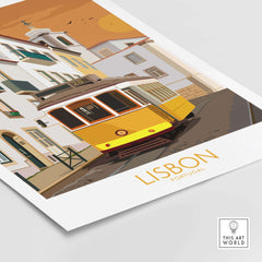 Lisbon Poster Portugal Print featuring a vintage yellow tram on a charming street, perfect for travel lovers.