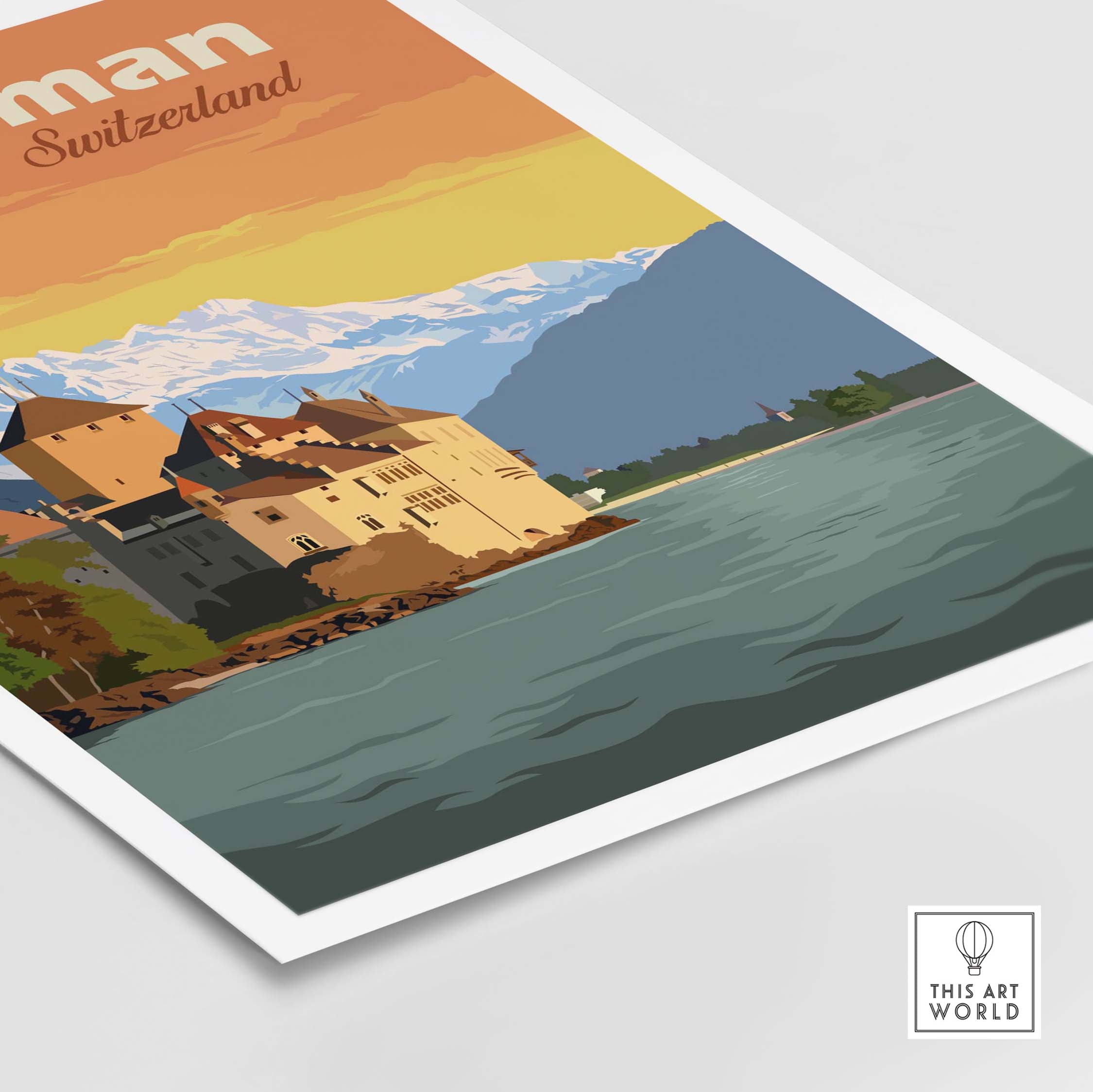 Lac Léman Switzerland art print featuring scenic views, mountains, and nostalgic travel poster design.