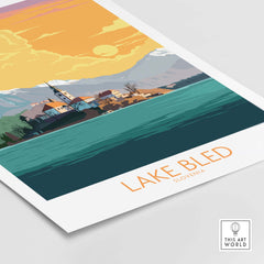 Lake Bled Poster Slovenia featuring vibrant artwork of the scenic lake and town, perfect for home or office decor.