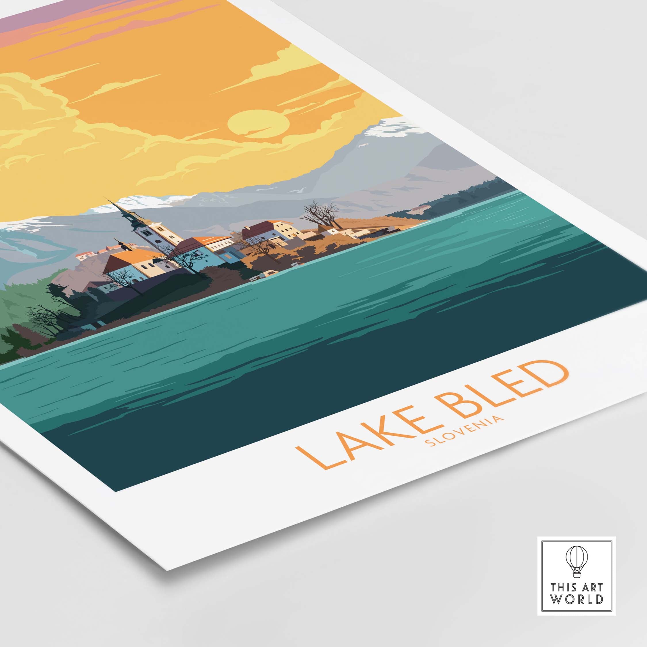 Lake Bled Poster Slovenia featuring vibrant artwork of the scenic lake and town, perfect for home or office decor.