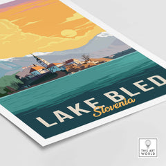 Lake Bled Print Slovenia showcasing vintage travel art with serene lake and colorful sunset.