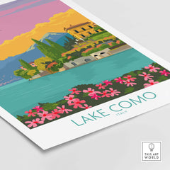 Lake Como Italy vintage travel poster featuring vibrant colors and floral accents, perfect for home decor.