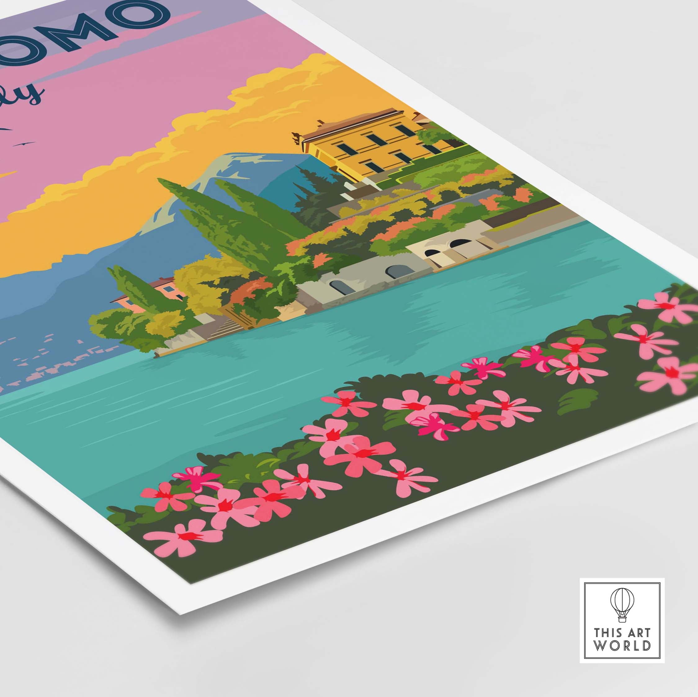 Lake Como Italy wall art print featuring vibrant colors and vintage design with flowers and scenic water view.