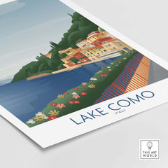 Lake Como wall art print featuring scenic landscape and vibrant flowers, perfect for travel-themed home decor.