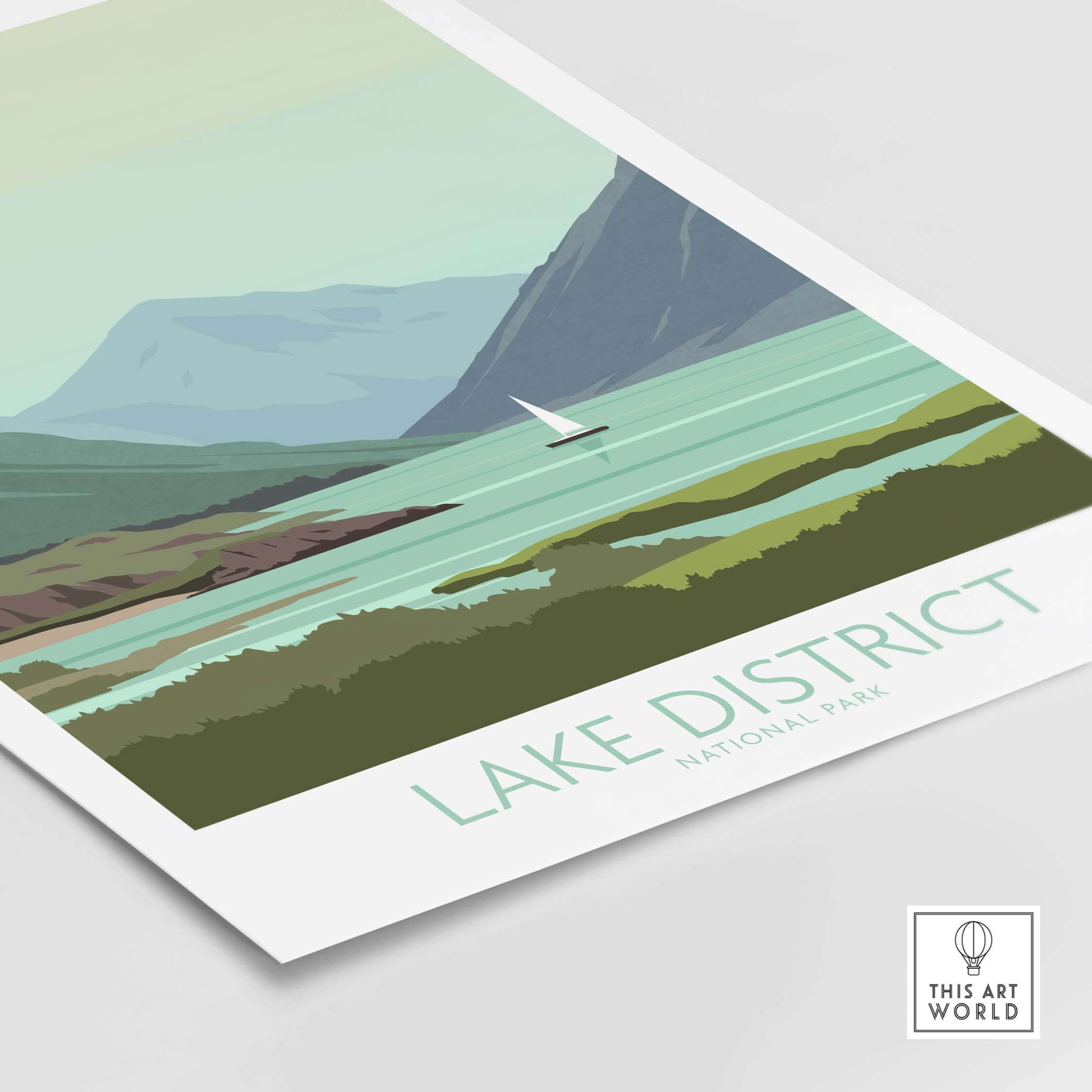 Lake District Poster Print featuring serene landscape and sailboat, ideal for home or office wall art.