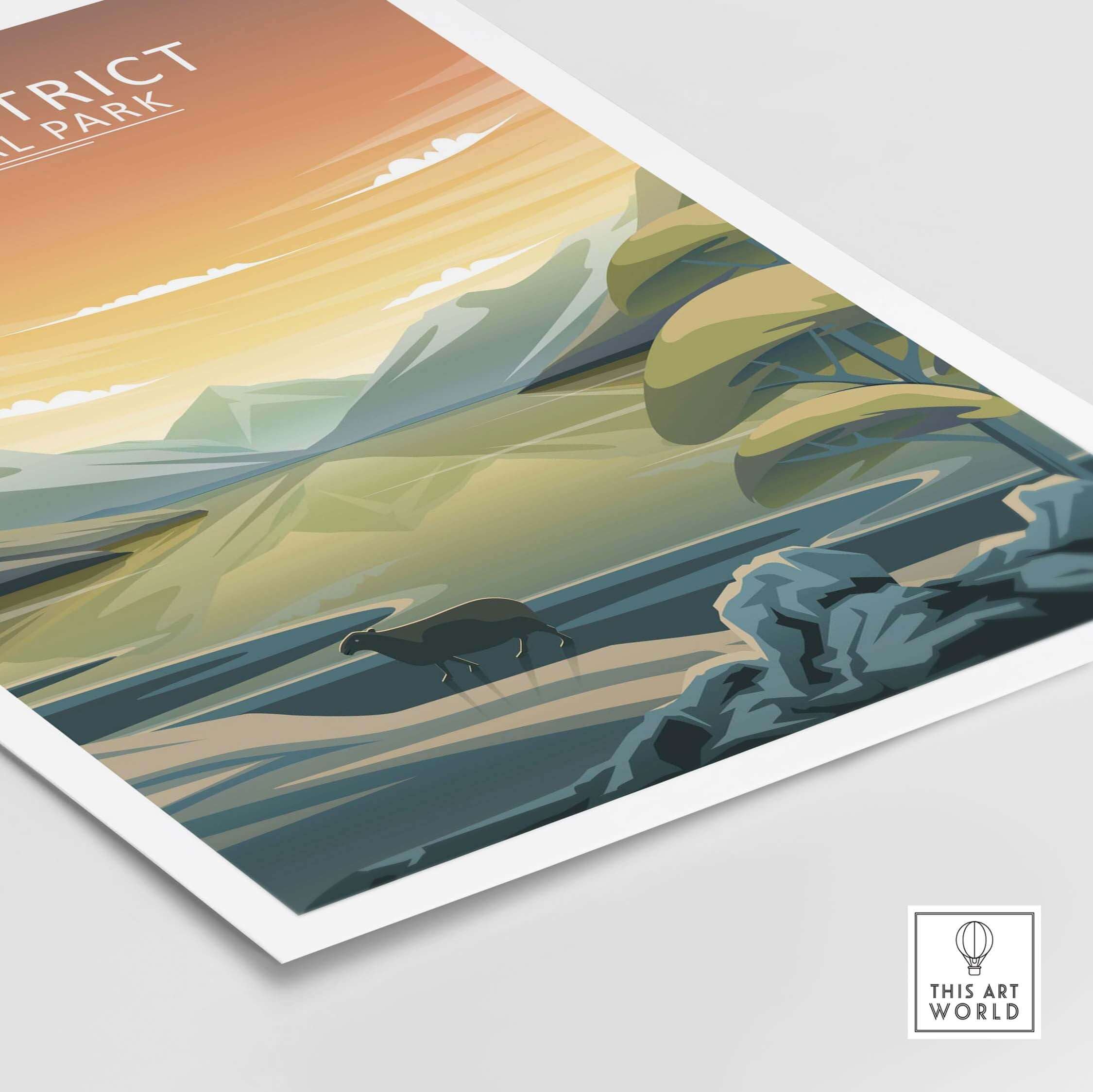 Lake District National Park poster featuring a minimalist landscape with mountains and wildlife.