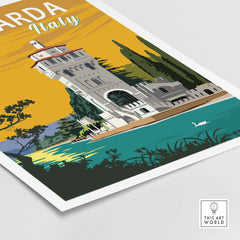 Lake Garda Print Italy Poster featuring a scenic castle and vibrant colors, perfect for home or office decor.