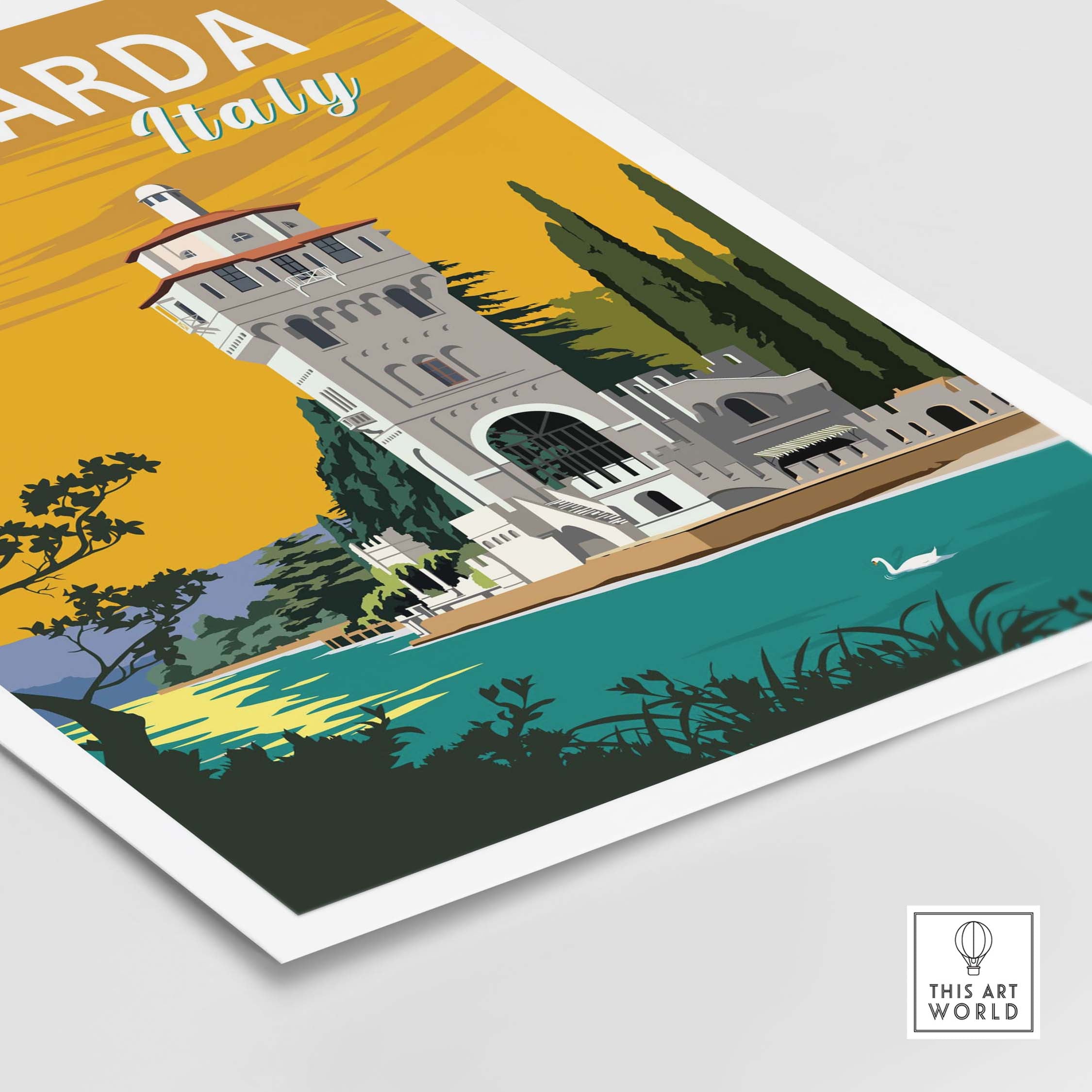 Lake Garda Print Italy Poster featuring a scenic castle and vibrant colors, perfect for home or office decor.