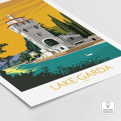 Stylish Lake Garda Italy poster print featuring vintage tower artwork and vibrant colors for home decor.