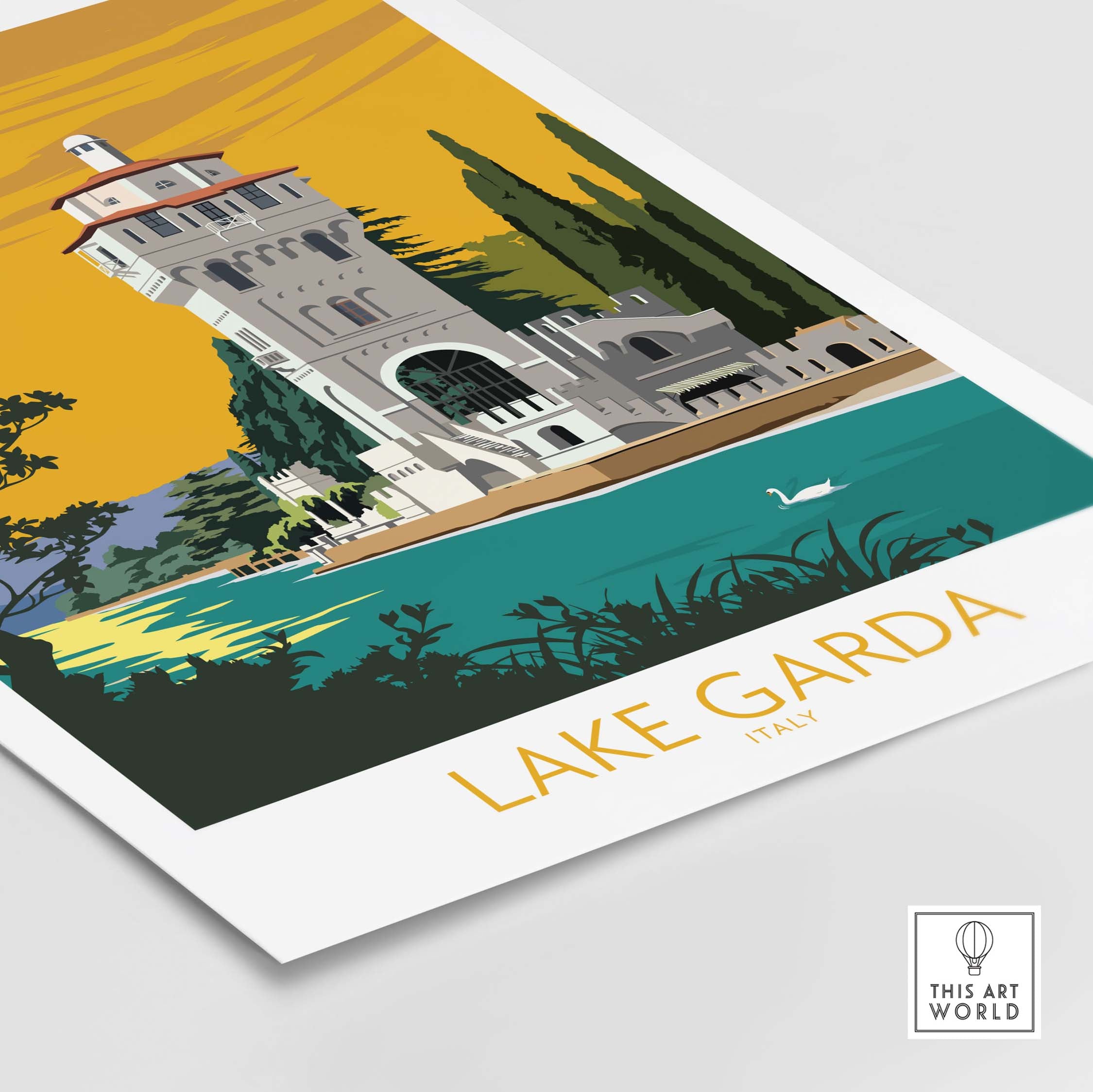 Stylish Lake Garda Italy poster print featuring vintage tower artwork and vibrant colors for home decor.