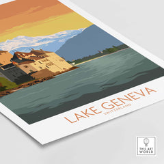 Lake Geneva art print featuring Swiss landscape and vintage style, perfect for travel enthusiasts.