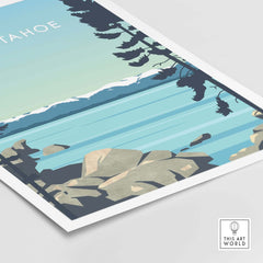 Lake Tahoe print wall art poster featuring serene lake view with rocks and trees, perfect for home decor.