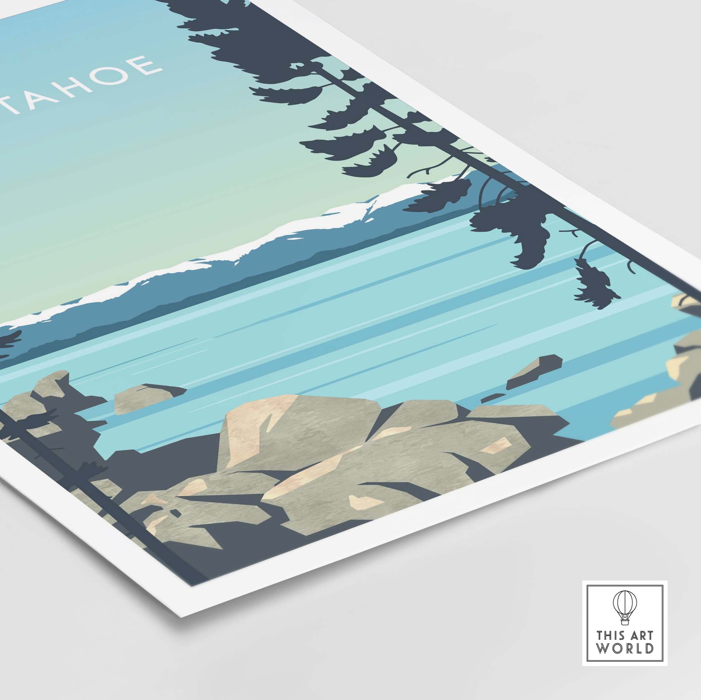 Lake Tahoe print wall art poster featuring serene lake view with rocks and trees, perfect for home decor.