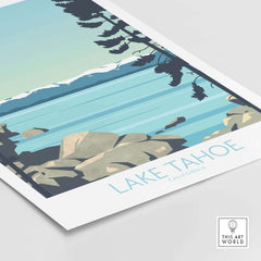Lake Tahoe Print California featuring serene water, rocks, and trees in a vintage travel art style.
