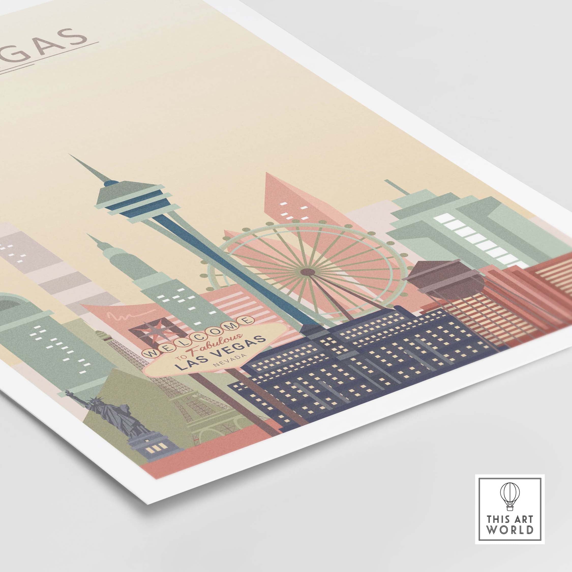 Las Vegas skyline poster featuring iconic landmarks and pastel colors for stylish wall art decor.
