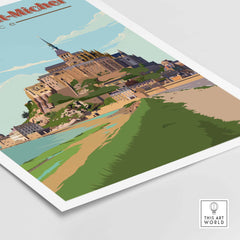 Le Mont Saint Michel poster print showcasing a vintage travel illustration of the iconic French landmark.