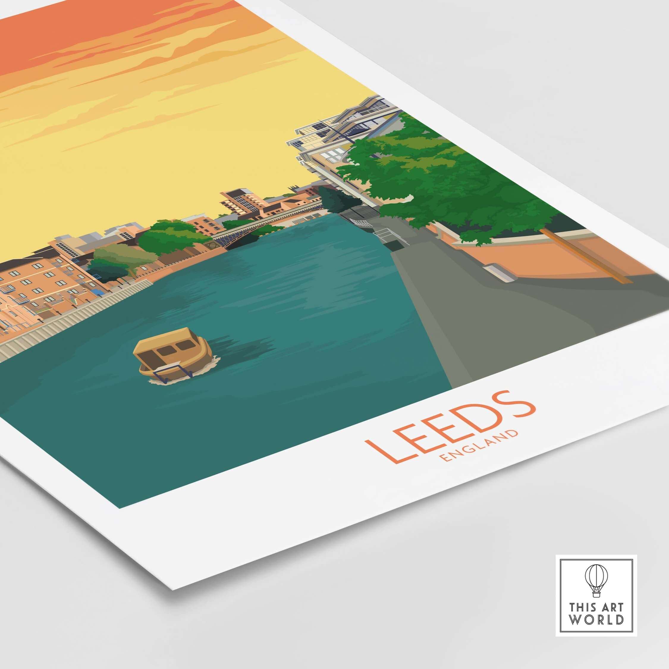 Leeds Print England Travel Poster featuring a scenic river view and vintage design for stylish wall art.