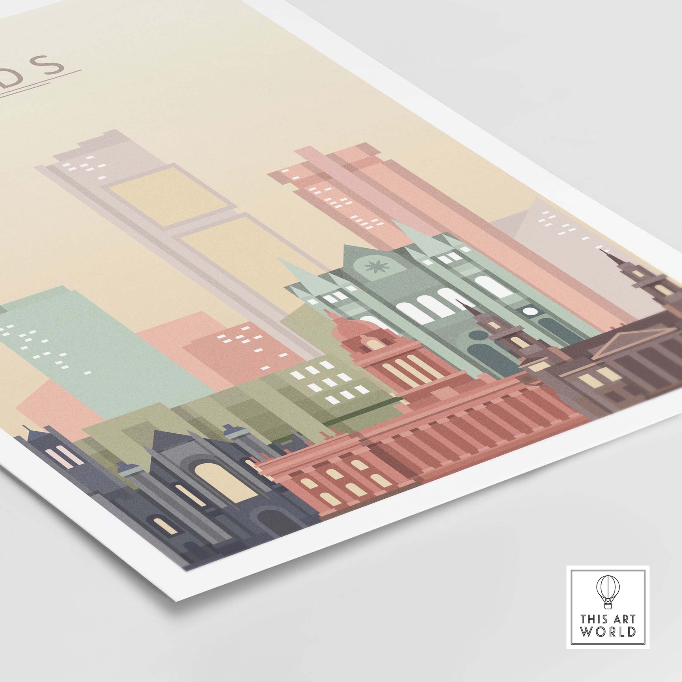 Leeds Print Skyline Wall Art showcasing iconic buildings in pastel colors, perfect for home or office decor.