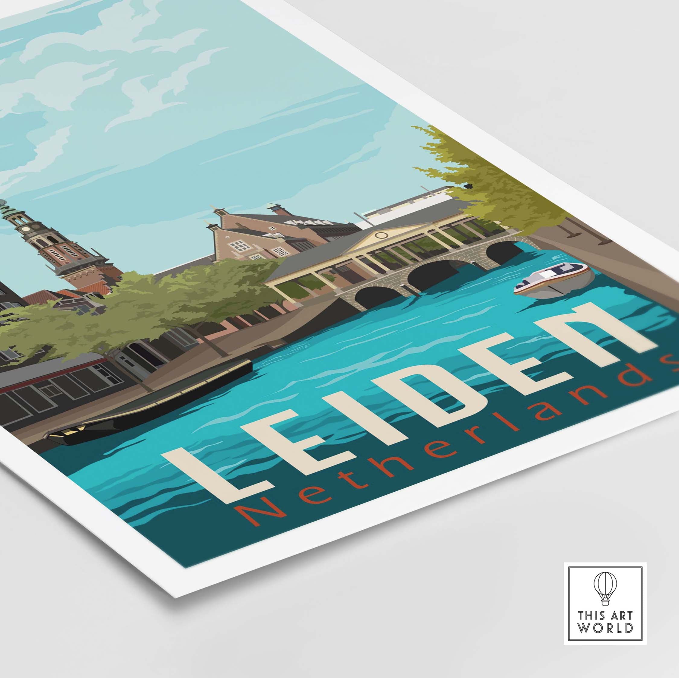 Leiden Netherlands vintage travel poster print showcasing scenic canals and architecture.