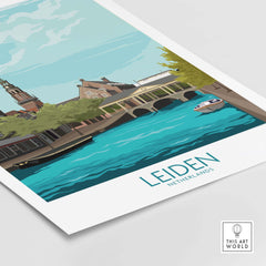 Leiden Poster Netherlands featuring canal view, vintage style wall art, perfect for home decor.