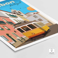Lisbon Travel Poster Print featuring a vintage yellow tram on a colorful street in Portugal, perfect for home decor.