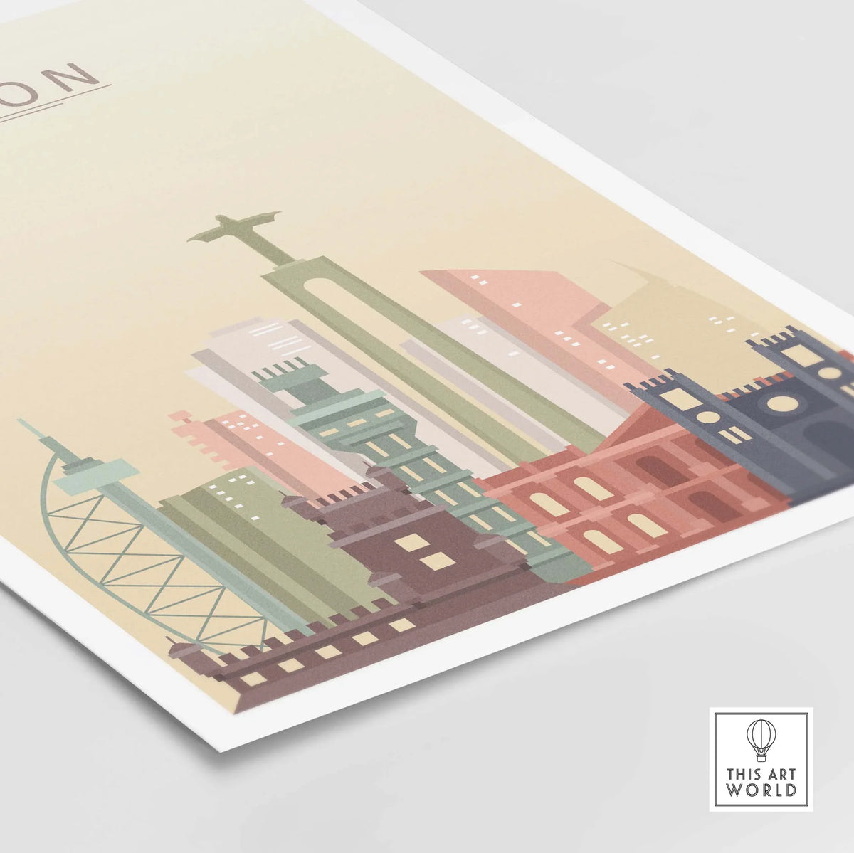 Lisbon skyline print wall art featuring iconic landmarks in warm pastel tones.
