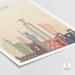 Lisbon skyline print wall art featuring iconic landmarks in warm pastel tones.