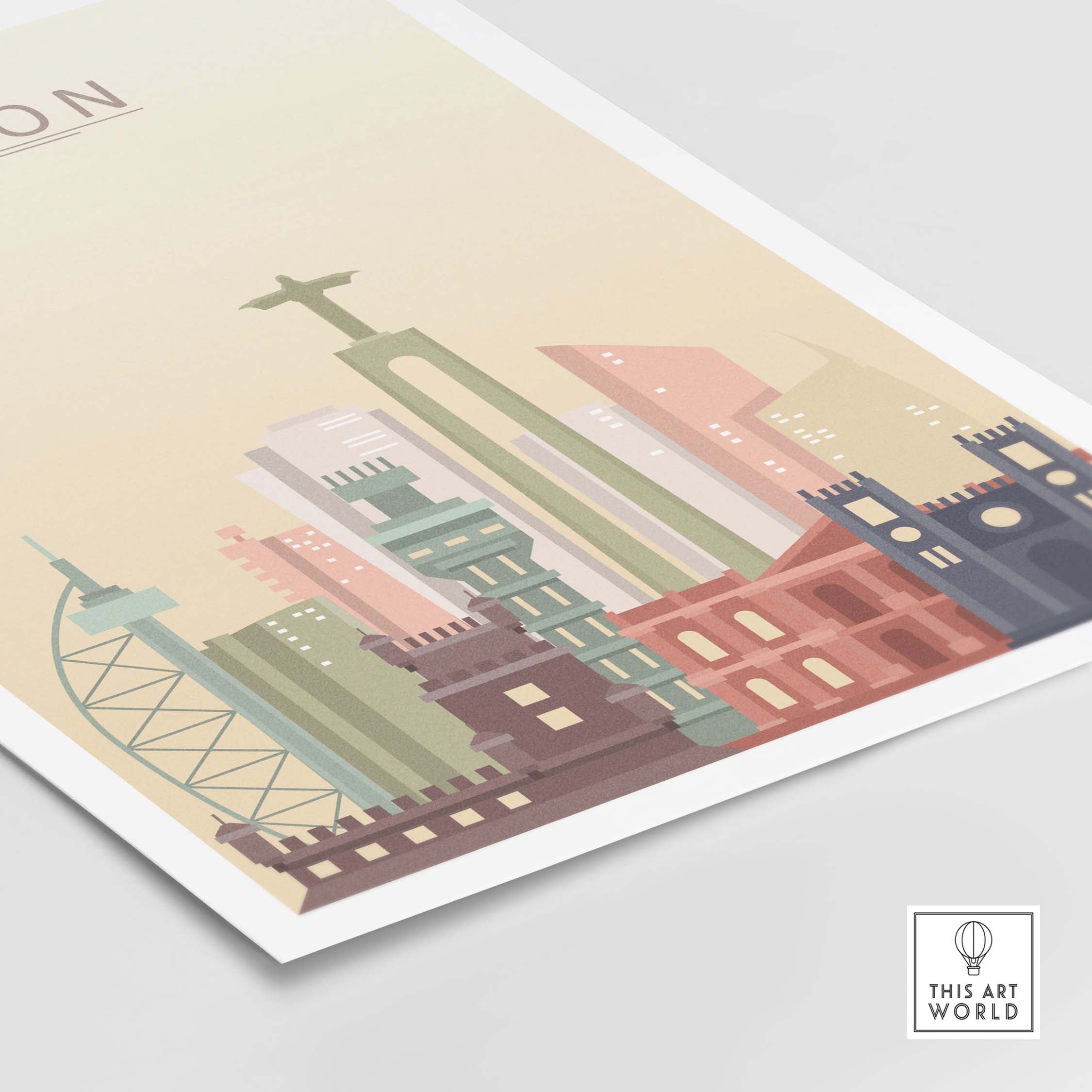 Lisbon skyline print wall art featuring iconic landmarks in warm pastel tones.