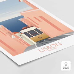 Lisbon Wall Art Poster Print featuring a vintage tram in a pastel-colored street, perfect for adding travel-inspired decor.