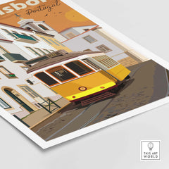 Vintage Lisbon poster art featuring a yellow tram on a picturesque street in Portugal.