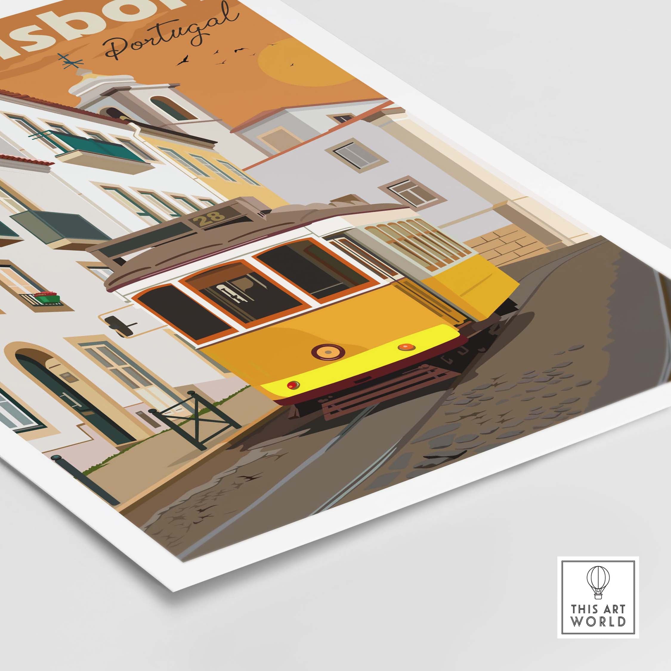 Vintage Lisbon poster art featuring a yellow tram on a picturesque street in Portugal.