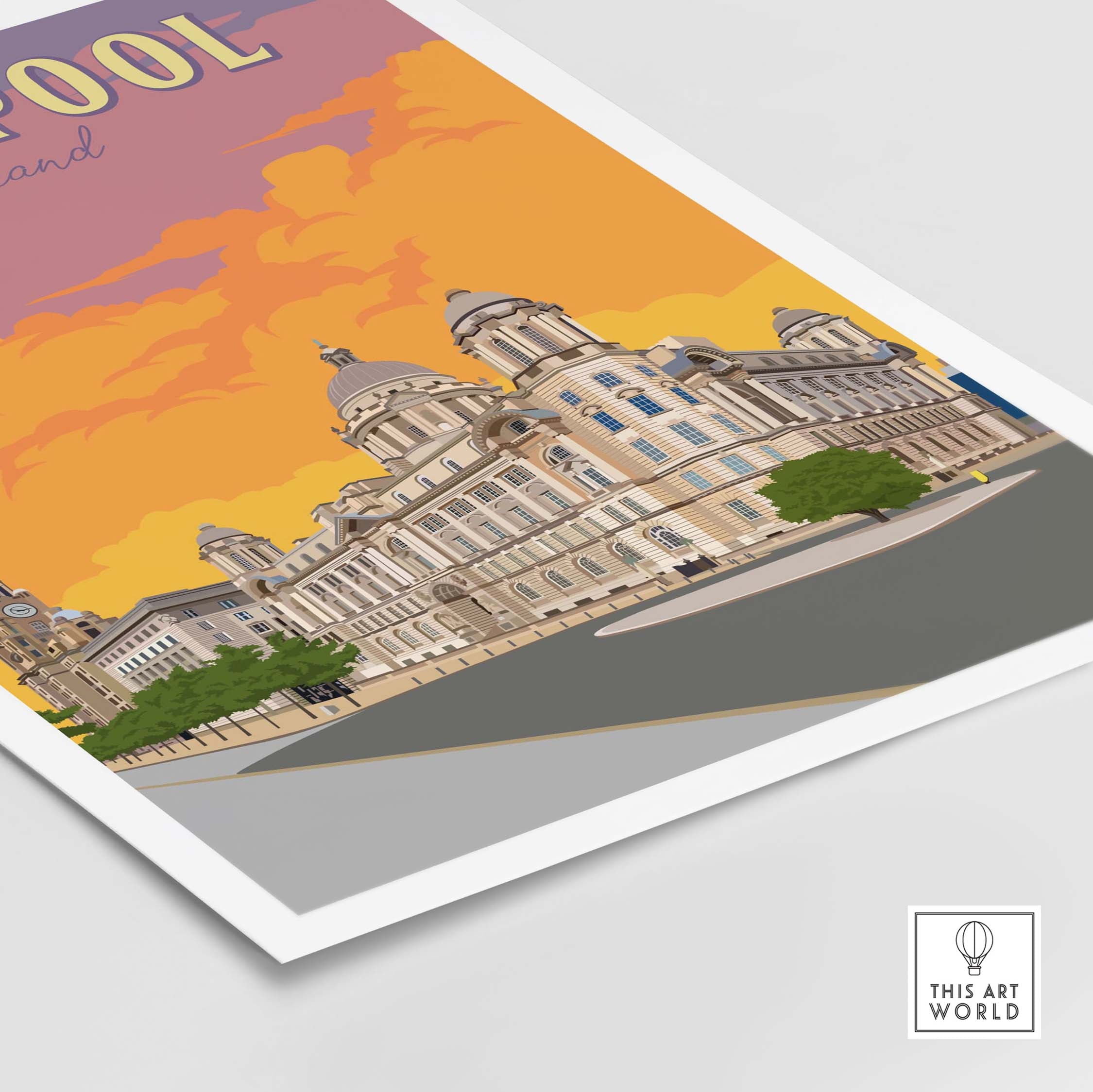 Liverpool poster featuring iconic architecture and vibrant sunset colors, perfect for home or office decor.