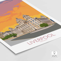 Vibrant Liverpool print showcasing iconic architecture and a colorful sky, perfect for home decor.