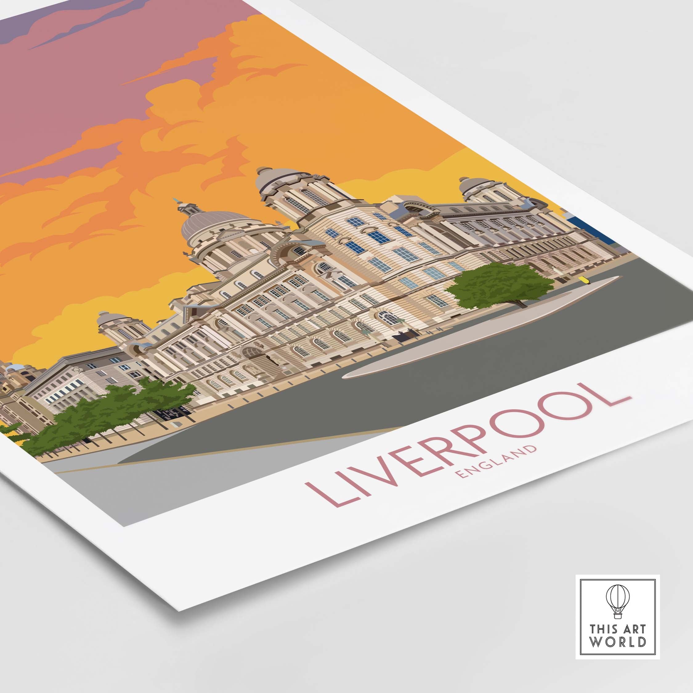 Vibrant Liverpool print showcasing iconic architecture and a colorful sky, perfect for home decor.