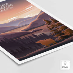 Loch Lomond and The Trossachs Poster featuring a serene landscape with a Highland cow and mountains.