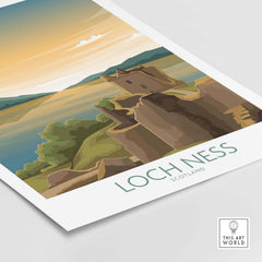 Loch Ness Print Scotland Travel Poster in vintage style showcasing scenic landscapes.