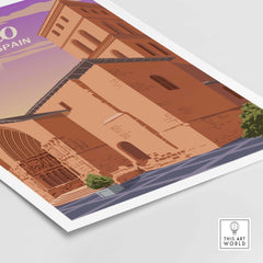 Logrono Spain print showcasing vintage travel poster style with vibrant colors and architectural details.