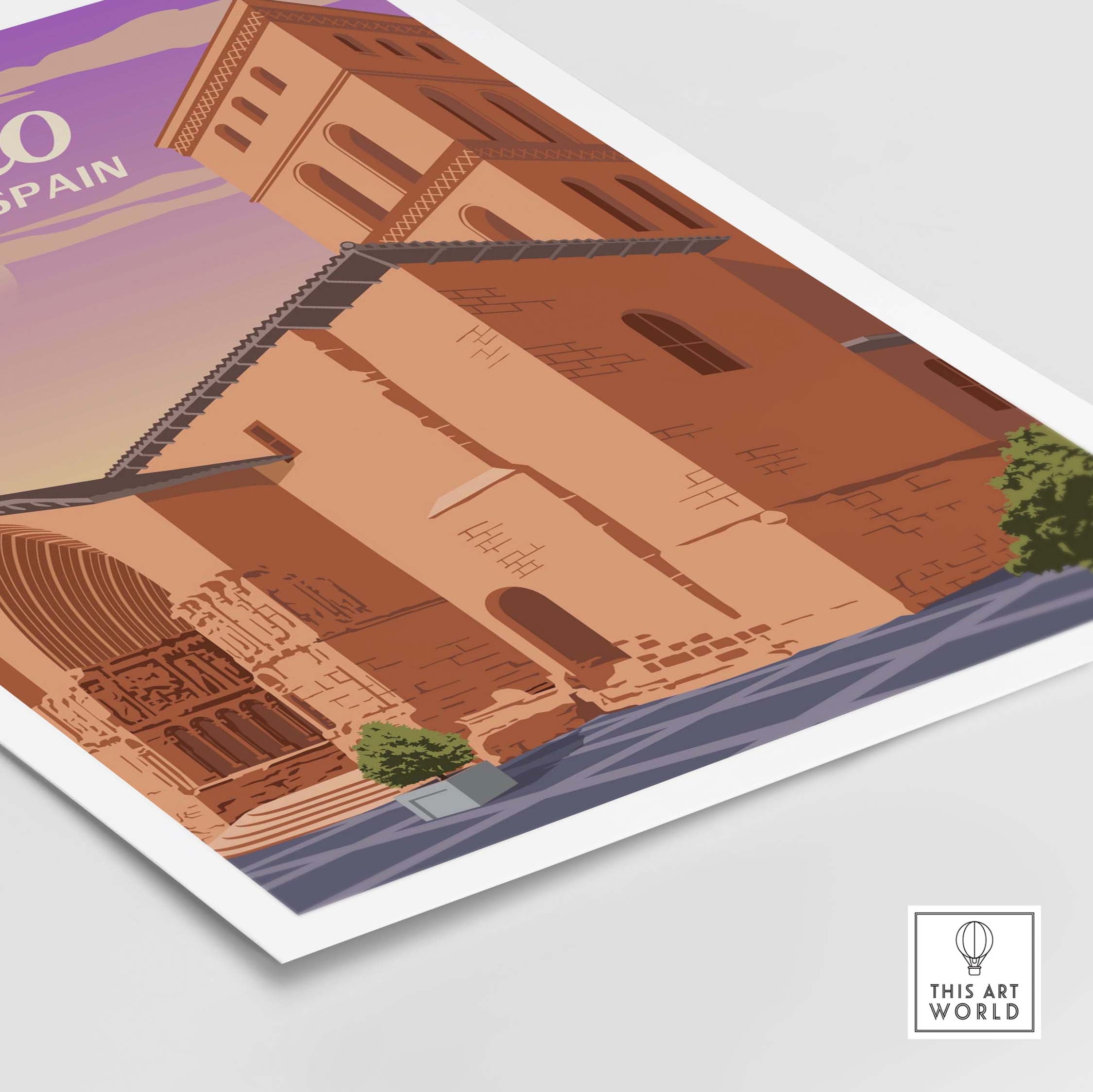 Logrono Spain print showcasing vintage travel poster style with vibrant colors and architectural details.