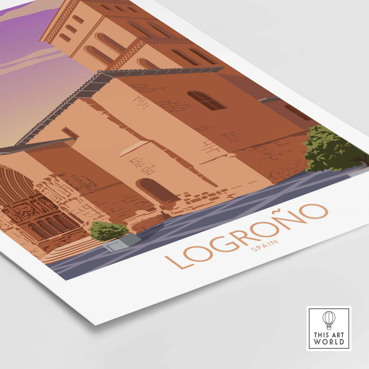 Logrono Spain vintage travel poster showcasing architectural details and warm sunset hues.