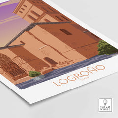 Logrono Spain vintage travel poster showcasing architectural details and warm sunset hues.
