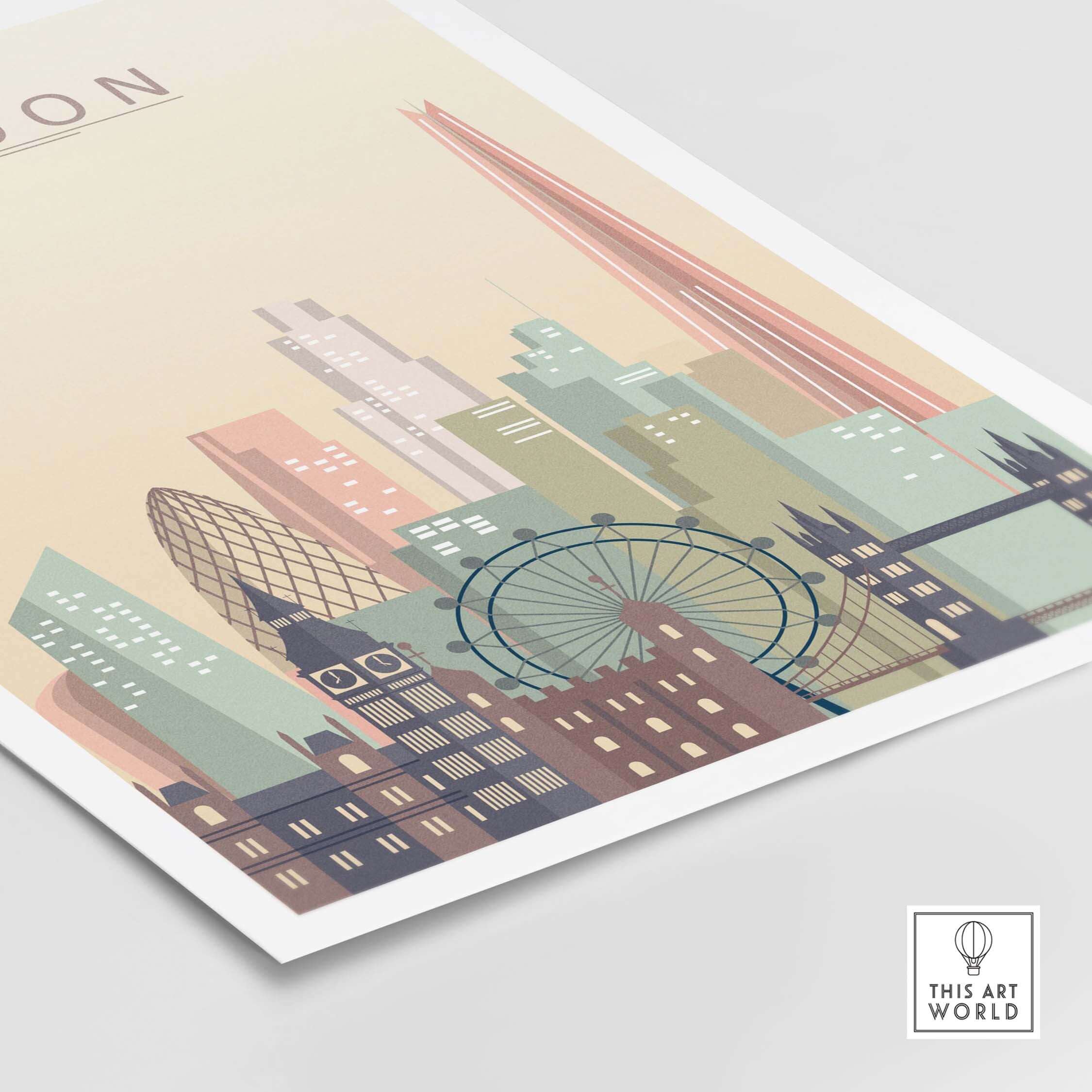 London skyline print featuring iconic landmarks in warm pastel tones, perfect for wall art decor.