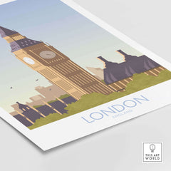 London print travel poster featuring Big Ben, inspired by vintage travel art, perfect for home decor.