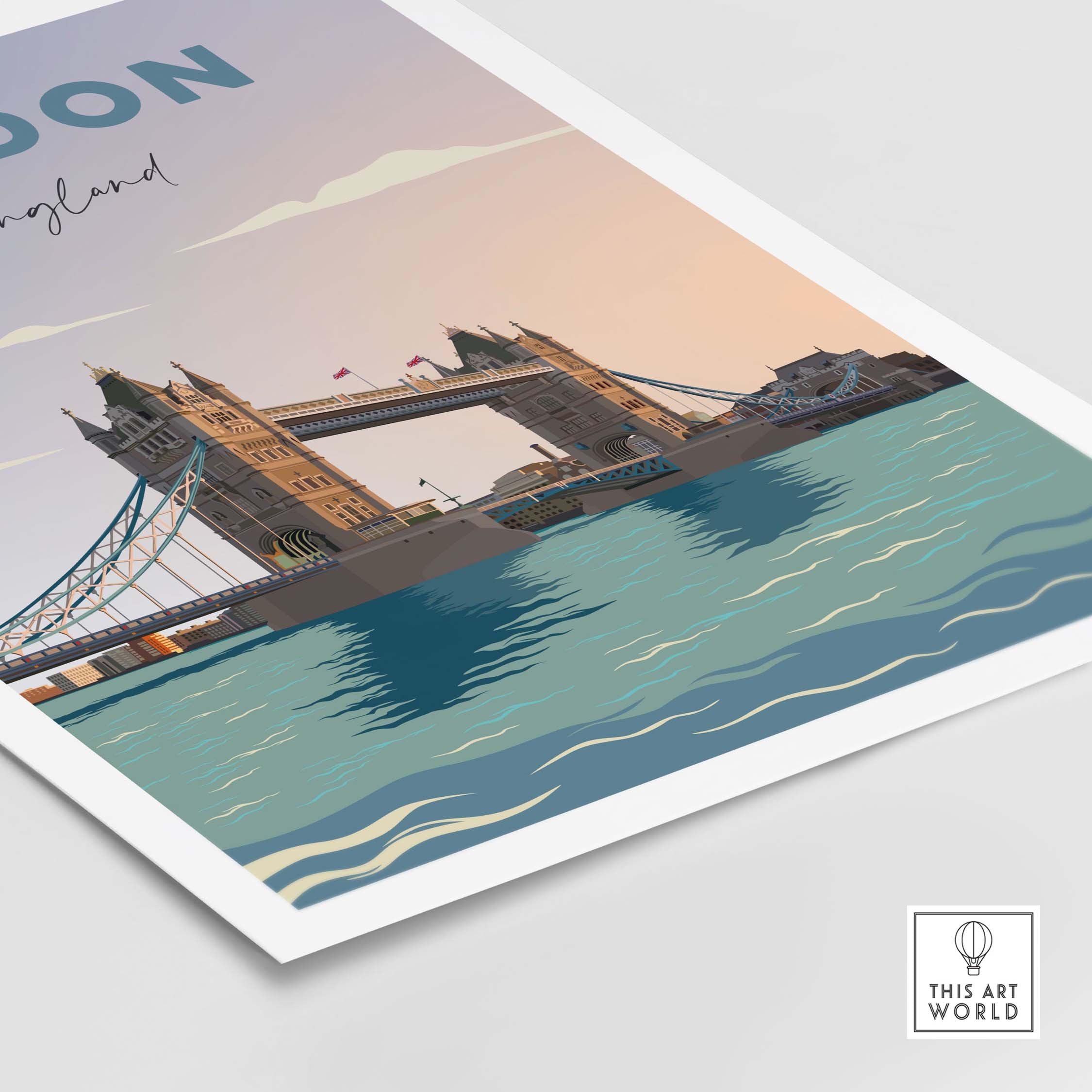 London travel poster print featuring Tower Bridge with a minimalist design and vibrant colors.